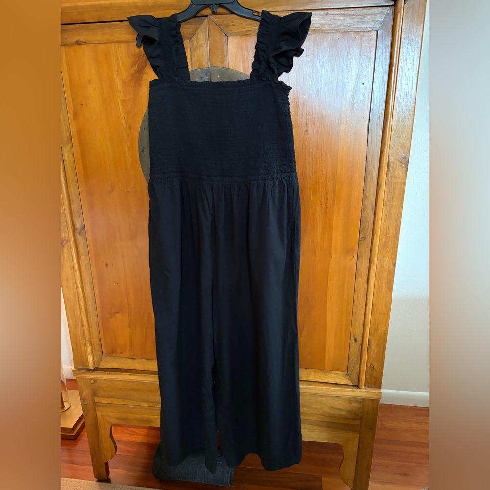 LOFT Beach Ruched Wide Leg Jumpsuit for Black with pockets. 100% cotton - Picture 6 of 14